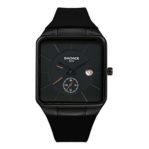 Men's Square Face Ultra-Thin Japan Quartz Calendar Watch Silicon Strap with Second Dial - Black