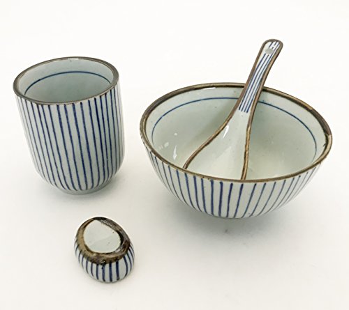 Japanese Traditional Tokusa Pattern Dinnerware Set for 1 with Ceramic Rose Bowl Sushi Restaurant Tea Cup Ceramic Spoon and Ceramic Chopsticks Rest Holder Gift Set Tableware Starter Kit (Blue)