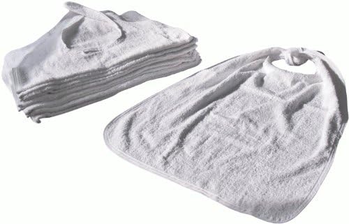 Linteum Textile Supply Soft Terry Cotton Washable REUSABLE ADULT BIBS with EZ-Tie Closure 18x34 in. White 12-Pack