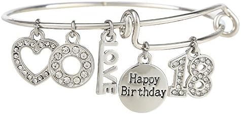 "18 Happy Birthday" Womens Expandable Engraved Charm Pendant Bangle Adjustable Bracelet, Comes With A Gift Box (Silver)