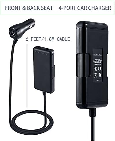 USB Car Charger 7.2A 4 Port Car Adapter with Long Cable for Apple,Android and Other Devices (Black)