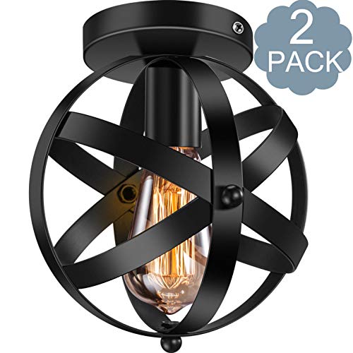 2 Pack Industrial Ceiling Light E26 E27 Vintage Globe Caged Semi-Flush Mount Ceiling Fixture for Hallway Porch Bedroom