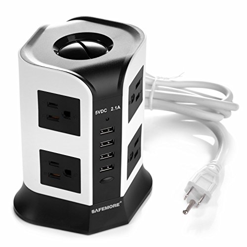 SAFEMORE Smart Power Plug Surge Protector Power Strip 8-Outlet 4-USB Desktop Charging Station Multiple Outlets With 6.5ft/2M Long Power Cord 110V Outlet Tower (White+Black) - Thumbnail 5