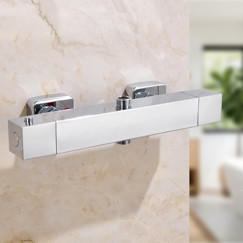Auralum Thermostatic Shower and Bath Tap, Anti-scald Cold Body Wall Mixer with Button 38 °C, 2 G1/2 Inch Taps, Adapter G3/4 Inch, Adjustable 135-165 mm, Universal Replacement, Chrome