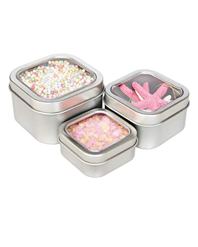 18-Pack Empty Square Silver Metal Tins with Clear Window for Candle Making, Candies, Gifts & Treasures, Mixed Sizes - Thumbnail 5