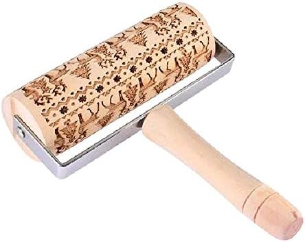 Perfuw Embossed Rolling Pins, Deer Wood Dough Roller, Natural Safe Wax Free Baking Roller, Easy Grip Handles For Christmas Hand Rolling, Dough, Pizza, Pastry, Cookie 5.5 By 7.1 Inch
