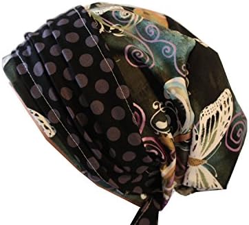 Scrub Hat Chemo Cap European BOHO Banded Pixie Lilac Butterflies Black Gray