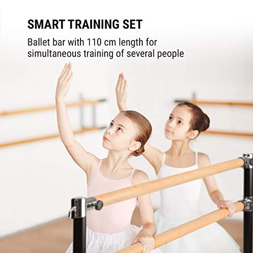 Klarfit Barre Anna • Double Ballet Bar • Free-Standing • 43 x 44 inches • 2 x 1.5 inches Ø • Powder-Coated Steel Tubes with Wooden Look • Suitable for Numerous Stretch and Movement Exercises • Black