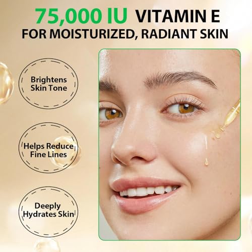Pure Vitamin E, 100% Natural Vitamin E Oil for Skin, Organic Vitamin E Oil 75,000 IU, for Scars and Stretch Marks, Hydration of Dry Skin and Reduces Wrinkles, Firming Skin, 60 ml