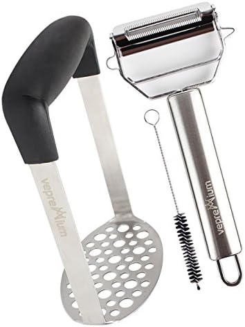 Stainless Steel Potato Masher &amp; Potato Peeler Set – Best Multifunctional Hand Mashed Potatoes Ricer - Works as Fruit Press &amp; Julienne Vegetable Peeler - Heavy Duty - By VEPREMIUM