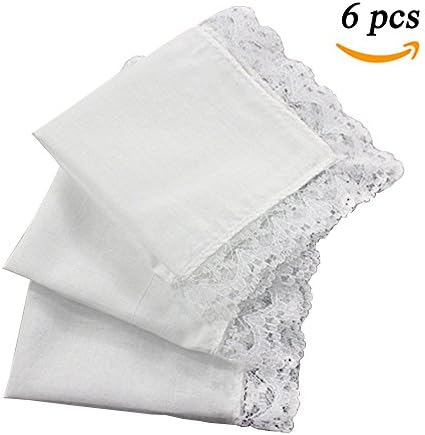 Windly Ladies 100% 60S Cotton Handkerchiefs/Hankies White with Lace Edge for Women Wedding Gift in Bulk (6pcs)