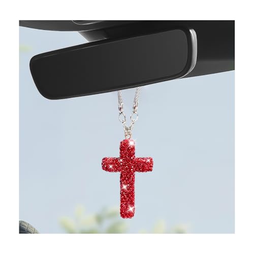 Pxobiug Rhinestone Cross Car Rearview Mirror Ornament Red