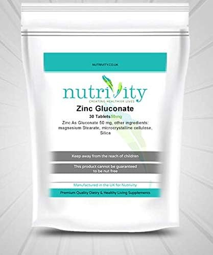 Zinc Gluconate 50mg Tablets Skin Care Acne, Cold, Immunity by Nutrivity Supplement (60)