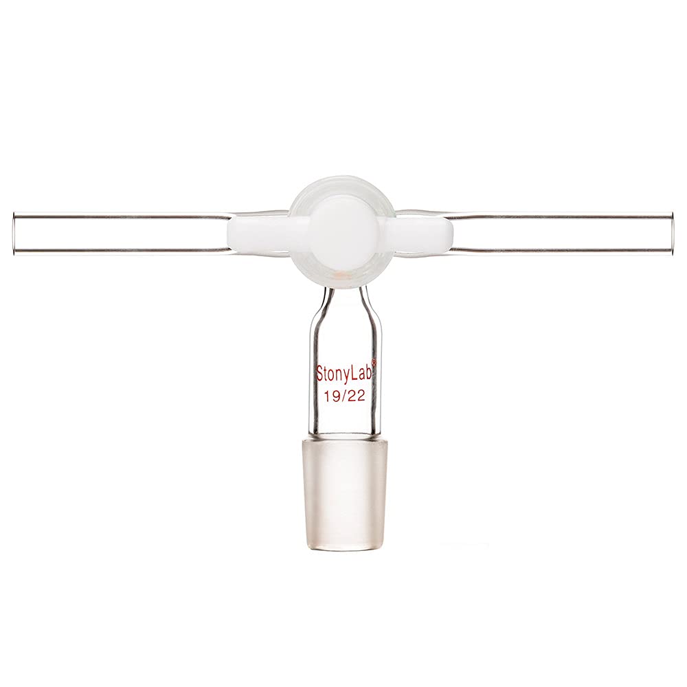 stonylab Glass Vacuum Flow Control Adapter, Borosilicate Glass T-Shape Inlet Adapter with 19/22 Inner Joint, Dual Hose Connections and PTFE Stopcock
