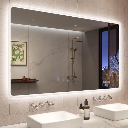 STARLEAD Bluetooth Badspiegel-mit-Beleuchtung 120x70cm, Badezimmerspiegel mit Entfoggen, Dimmbar, 3 Lichtfarben, Speicherfunktion, IP44 Hartglas Große