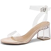 Shoe Land Women's Low Heels – 2.75 Inch Chunky Block Heeled Sandals | Clear Sandals, Open Toe Dressy Short Heels with Ankle Strap for Wedding, Prom & Party