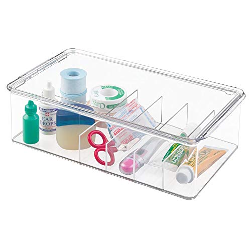 mDesign Stackable Plastic Storage Bin Box with Lid - Divided Organizer for Vitamins, Supplements, Serums, Essential Oils, Medicine Pill Bottles, Adhesive Bandages, First Aid Supplies - 4 Pack - Clear