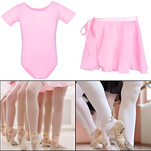 Hicdaw Ballet Leotard Dance Leotard Short Sleeve Ballet Leotard for Girls with Separated Skirt and Dance Tight Pink