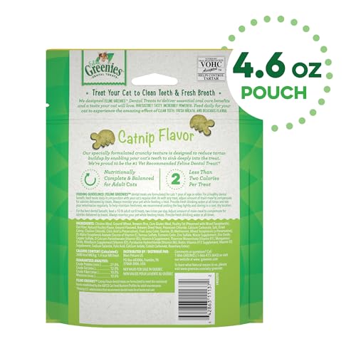 GREENIES CAT TREATS, FELINE VETERINARIAN-RECOMMENDED ADULT NATURAL DENTAL TREATS, CATNIP FLAVOR, 4.6 OZ. POUCH