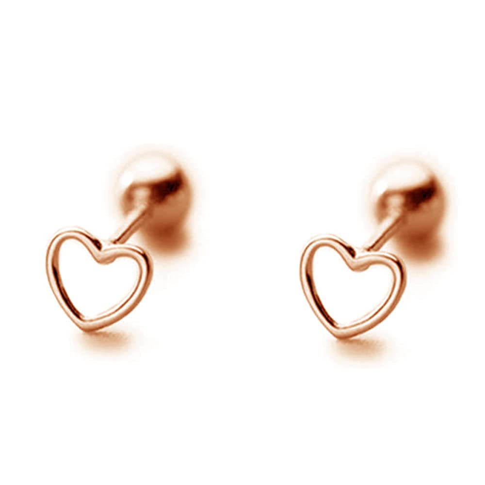 Hollow Heart Shape Stud Earrings Sterling Silver Gold Plated Cartilage Screwback Studs Earring Helix Barbell Piercing for Women Girls (rose gold)