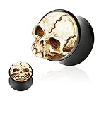 Pair of 3D Skull Hand Carved Organic Buffalo Horn Double Flared Ear Plugs Gauges - Sold As Pair