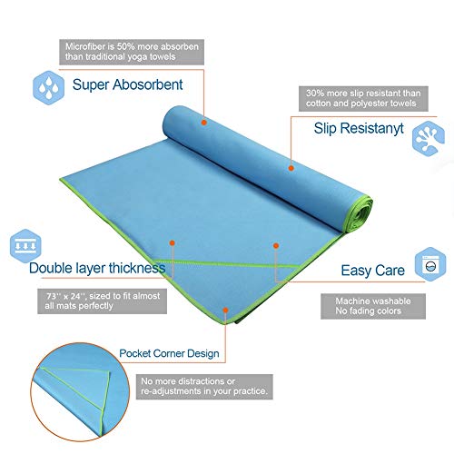 Carry360 Yoga Mat Towel 24 x 73 inch with Corner Pocket, Hand Yoga Towel for Fitness and Pilates, Super Absorbented Quick Dry