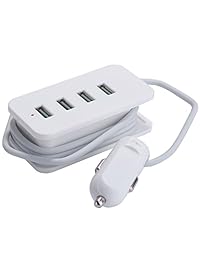 Cargador USB para coche, 4 puertos, tira USB de 4,1 A, estación de carga de coche de viaje, tecnología de identificación inteligente, cable de 3.3 ft para iPhone 7 6S Plus iPhone 5S iPad Pro Samsung Galaxy S6 S7 en viaje por carretera, Blanco