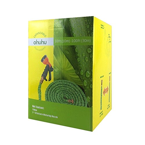 Ohuhu Expandable Garden Hose, 100 Feet Strong Expanding Garden Hose, 100 ft Flexible Water Hose with All Brass Connector & 8-Pattern High Pressure Spray Nozzle
