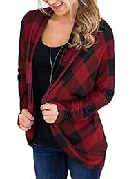 VINCINEY Mujeres Casual Plaid Manga Larga Codo Parche Draped Open Front Cardigan Coat