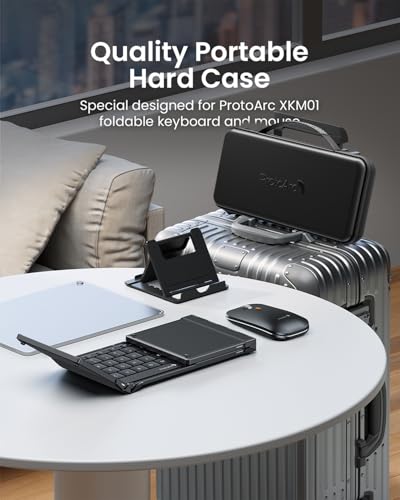 ProtoArc Foldable Keyboard and Mouse Combo, Folding Bluetooth Keyboard Mouse for Travel, 2.4G+Dual Bluetooth, Full-Size Rechargeable Portable, QWERTY UK Layout - Black | 105-key keyboard, slim mouse, hard case and phone stand; 3-device Bluetooth & 2.4G switching, for travel office use
