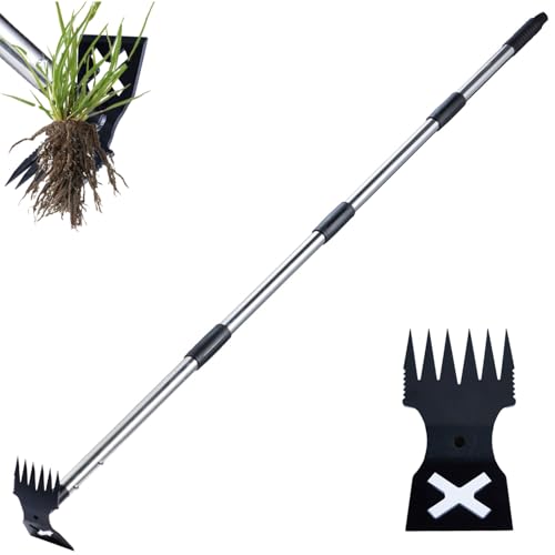 Weed Puller Tool with Long Handle - 60" Manual Weeder Remover Tool, 2 in 1 Hand Weed Rake and Garden Hoe for Gardening, Heavy Duty Uprooting Weeding Pull for Yard, Lawn, Patio and Garden