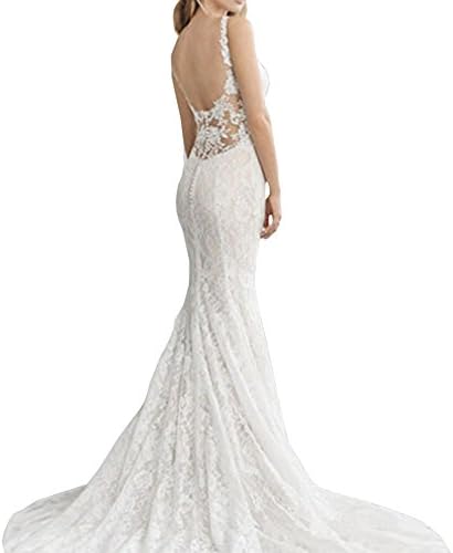 Happy Ever Women's V-neck Backless Slim Long-tail Lace Floral Bride Wedding Dresses M4 (White,Custom size)