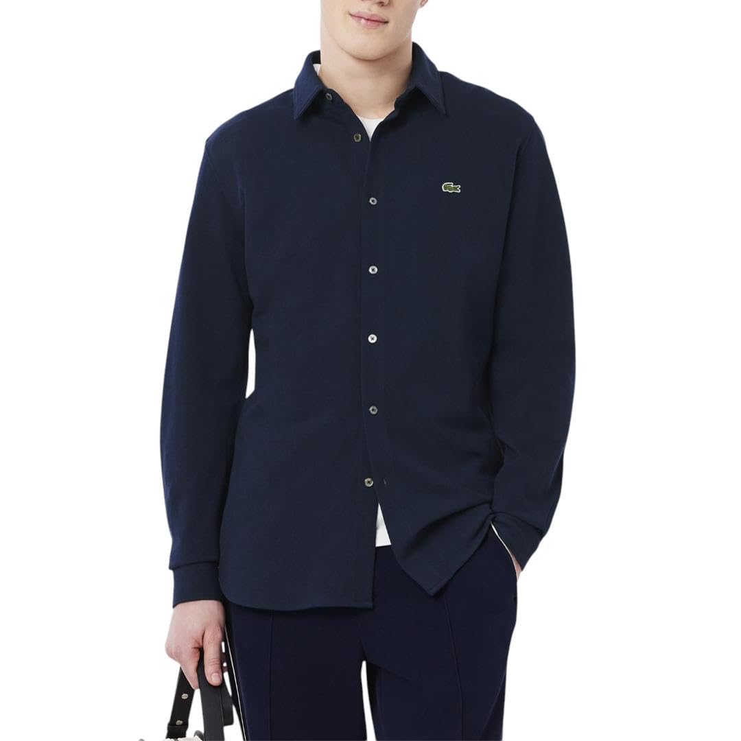 Lacoste Men’s Slim Fit Long Sleeve Woven Shirt, Navy Blue, Small