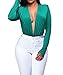 Shawhuwa Womens Sexy Plunging V Neck Long Sleeves Bodysuit Tops L Emerald Green