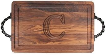 BigWood Boards W220-LTWS-C Thick Carving Board with Large Twisted Square End Handle, 15-Inch by 24-Inch by 1.25-Inch, Monogrammed "C", Walnut