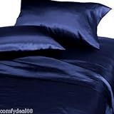 Soft Silky Satin Solid Navy Blue 4pc Deep Pocket Sheet Set for Queen Bed