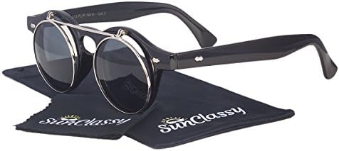 Sunclassy Plastic Round Frame Flip Up Oval 48mm Hipster Round Black Sunglasses Vintage Retro Steampunk Gothic Hippie Circle Retro Django Levante Gafas De Sol Block UVA UVB UVC (Silver)