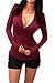 ZANZEA Sexy Low Cut Deep V Neck Shirt Ruched Wrap Tops Fitted Cleavage Blouses Long Sleeve for Women Wine Red US 14