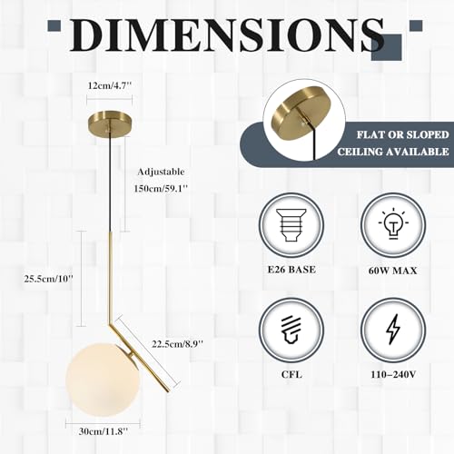 BOKT Lámpara Colgante de Globo Moderna Candelabro de Mediados de Siglo Latón Cepillado Luz Colgante Ajustable con Vidrio Esmerilado Blanco para Isla de Cocina Recámara Comedor (C-25 cm)