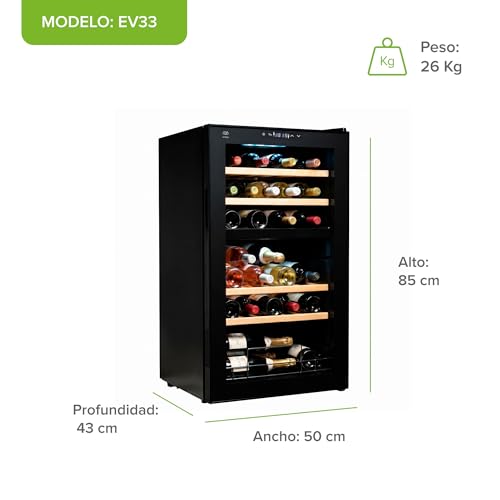 AVERA Cava de vinos para 33 botellas, Capacidad 88 L, Doble zona de enfriamiento, Temperatura 5 a 18°C, Panel de control táctil, Luz LED, Bloqueo automático, Enfriamiento por compresor | EV33