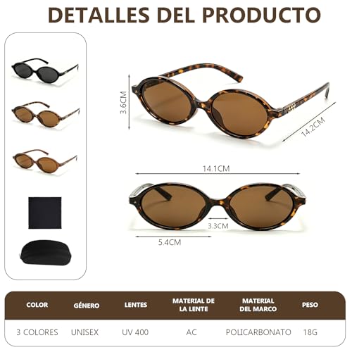 3 Piezas lentes de sol ovalados mujer,Gafas de Sol Mujer Retro Moda,Gafas de Sol Retro Ojo de Gato, Gafas Estrechas Ligeras de los 90 Lentes, Adecuado para conducir, viajar y practicar deportes