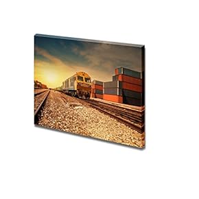 Canvas Prints Wall Art - Cargo Train Platform at Sunset with Container| Modern Home Deoration/Wall Art Giclee Printing Wrapped Canvas Art Ready to Hang - 12" x 18"