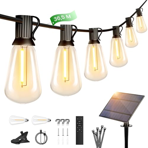 OHLUX 120FT Solar String Lights Outdoor with Remote, 2200K Soft Warm Patio Lights with 52 Shatterproof ST38 Tear-Drop LED Filament Bulbs, Dimmable Out