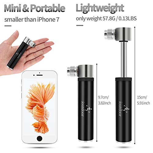 ioutdoor - Mini Pompa Portatile per Bicicletta, 120PSI, Pompa a Mano con Aghi a Sfera, Supporto per Telaio e Tubo di Prolunga per Bici da Corsa, Mountain Bike, Calcio, Basket (Nero)