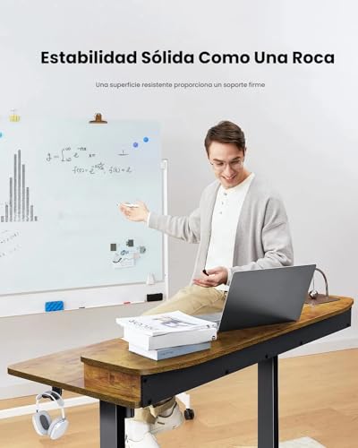 Escritorio Elevable,Escritorio Altura Ajustable con 2 Cajones, Escritorio de Ordenador Ajustable en Altura, Escritorio de Pie para Oficina en Casa con 4 Alturas Preestablecidas y 2 Ganchos(Marrón)