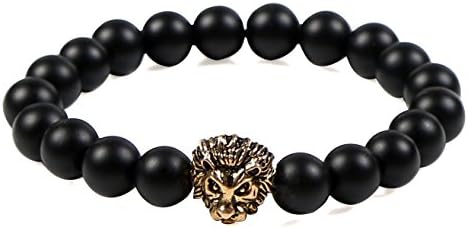 Colrov Bead Bracelet For Men Women,Lava Rock Agate Bangle Bracelets With Gold Plated Lion Head Style Mattle Agate