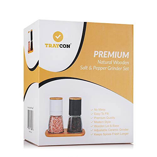 Traycon Salt And Pepper Grinder Set (2 Pc.), Black And White Cap With Wooden Lid, Glass Base/Kitchen, Dining Room Accessory/For Spices, Himalayan Pink Salt, Peppercorn/With Bonus Wooden Stand