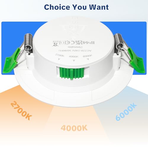 Laiebri Recessed LED Spotlight 230 V Dimmable Set of 6, 5W 650lm Ultra Flat 23 mm, 3 CCT Colour 2700K/4000K/6000K, IP44 Splatter Resistant, Hole Ø68-75 mm, for Bathroom Living Room, White