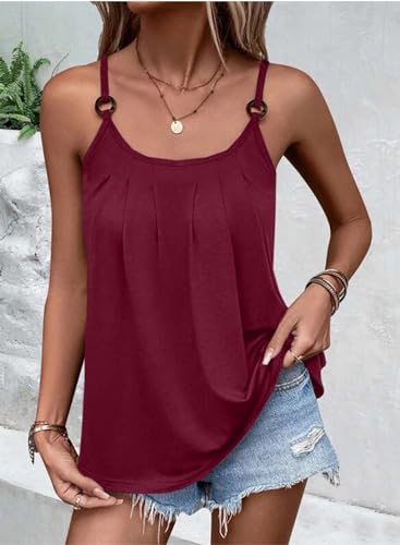 BLENCOT WOMENS SUMMER SLEEVELESS ADJUSTABLE SPAGHETTI STRAP CAMISOLE CASUAL PLEATED SHIRT LOOSE BASIC TANK TOPS RED XL