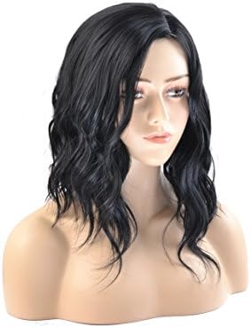 MeriCino 14" Short Bob Wigs Black Wavy No Bangs Wig Shoulder Length Middle Part Synthetic Wigs Natural Hair Harajuku Costume Party Wig for Women + Free Wig Cap(Black no Bangs)